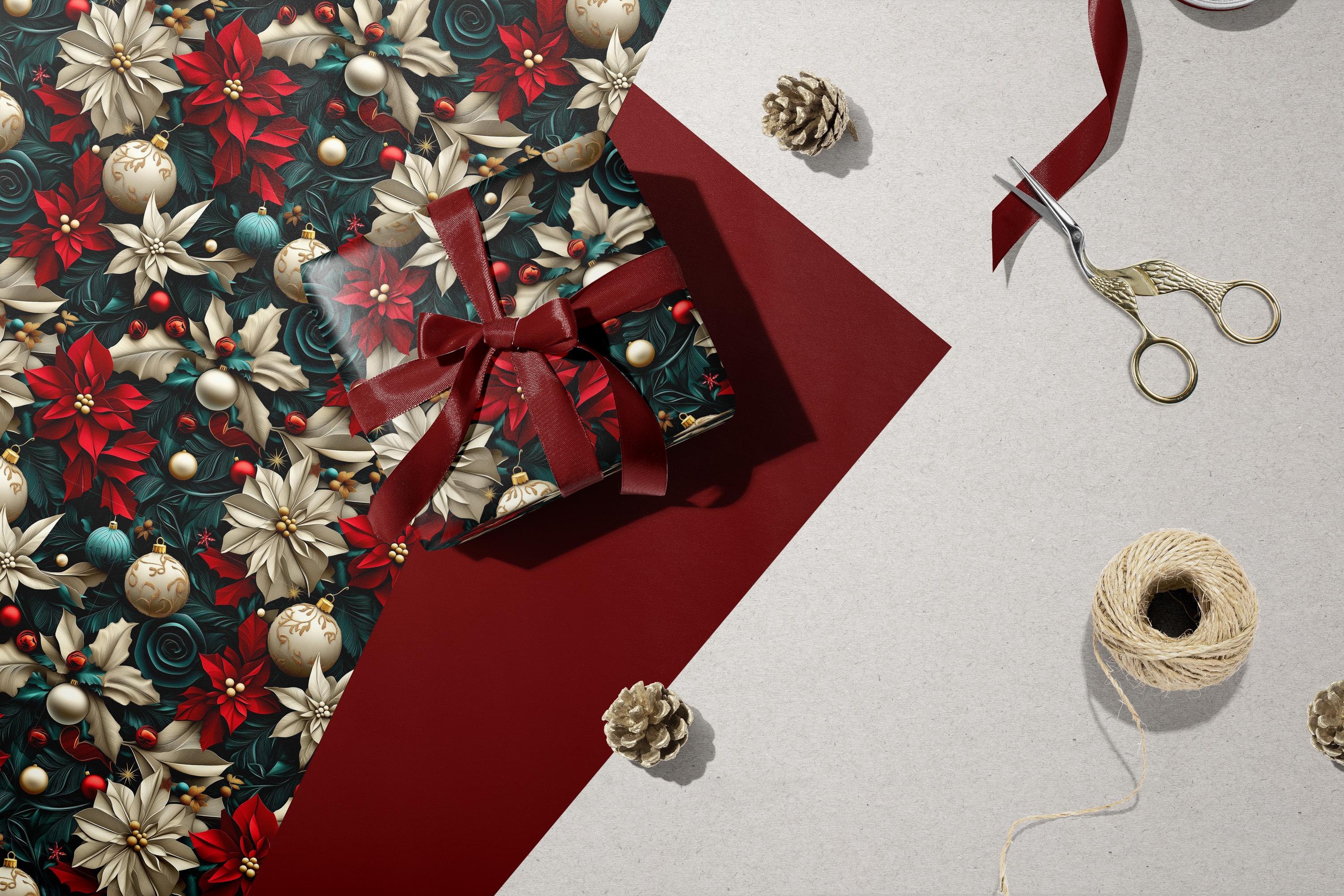 Elegant Christmas Wrapping Paper – 3D Textured Effect Poinsettias, Ornaments, and Holly Festive Holiday Gift Wrap, Unique Decorative Paper