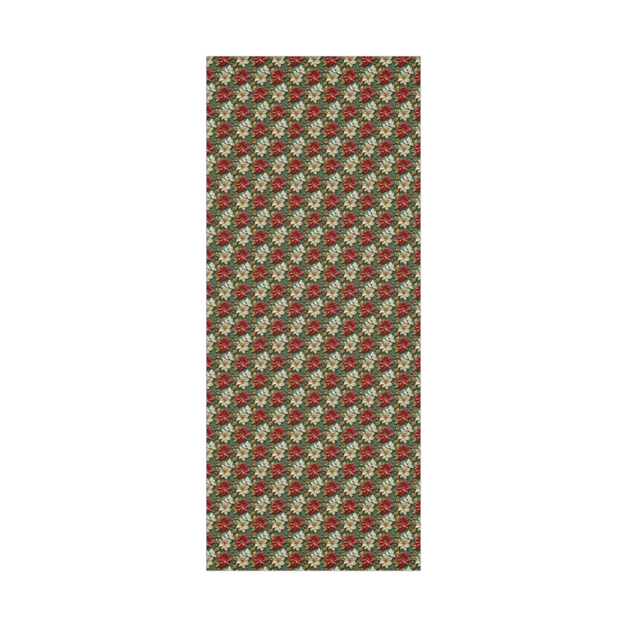 Elegant Poinsettia Christmas Wrapping Paper, Red & White Floral Design with Gold Accents on Green Background for Luxurious Holiday Gift Wrap