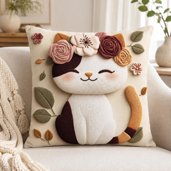 Floral Cat Throw Pillow with Insert, Cute Botanical Cat Decor, Cottagecore Cat Lover Gift
