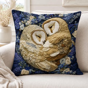 Sleeping Owls Throw Pillow with Insert, Blue Floral Woodland Decor, Cottagecore Nature Pillow