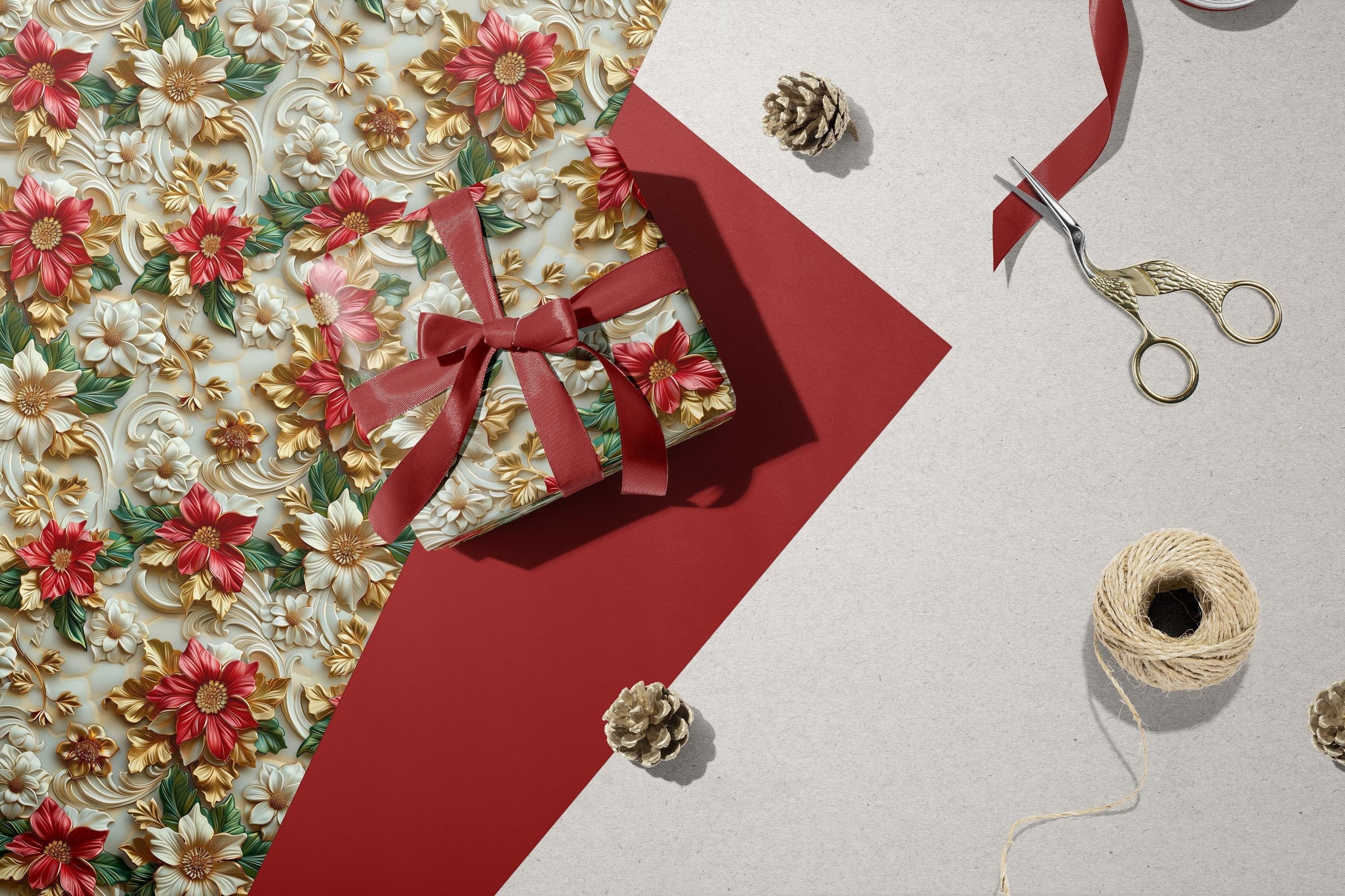 Luxurious 3D Effect Poinsettia Christmas Wrapping Paper – Red and White Flowers with Gold Accents for Elegant Holiday Gift Wrap
