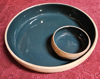 Handmade Teal Stoneware Chip & Dip Server  Rustic Studio Pottery