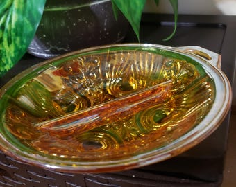 Vintage Carnival Glass Bowl With Handle Iridescent Glass Divided Dish