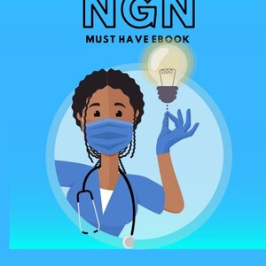 Op de afbeelding: Illustratie van een zwarte vrouw die een blauwe medische scrubtop en een blauw mondkapje draagt. Ze houdt een gloeilamp vast met een glimlachend gezicht. De tekst "NCLEX NGN MUST HAVE EBOOK" staat boven haar. De tekst "RN PN Tutors USA" staat onder haar.