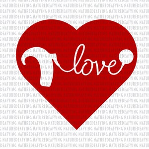 May include: A red heart shape with the word "love" in white script. The background is a pattern of the word "NATUREDEAFYING" in a light gray color. The heart shape is a solid red color.