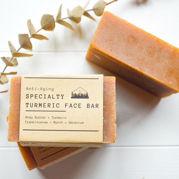 Turmeric Anti-Aging Face Bar | Specialty Face Soap | Organic | 100% Essential Oils | Geranium + Frankincense + Myrrh + Carrot Seed