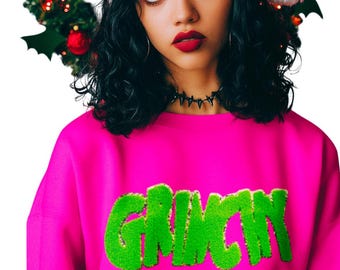 Sudadera navideña rosa chicle del Grinch: Suéter navideño con parche de chenilla