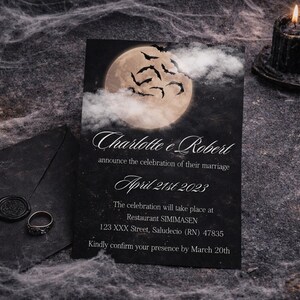 Elegant Dark Wedding Invitation with White Moon & Flying Bats Editable PDF | Dark Romance Save the Date | Printable Invite