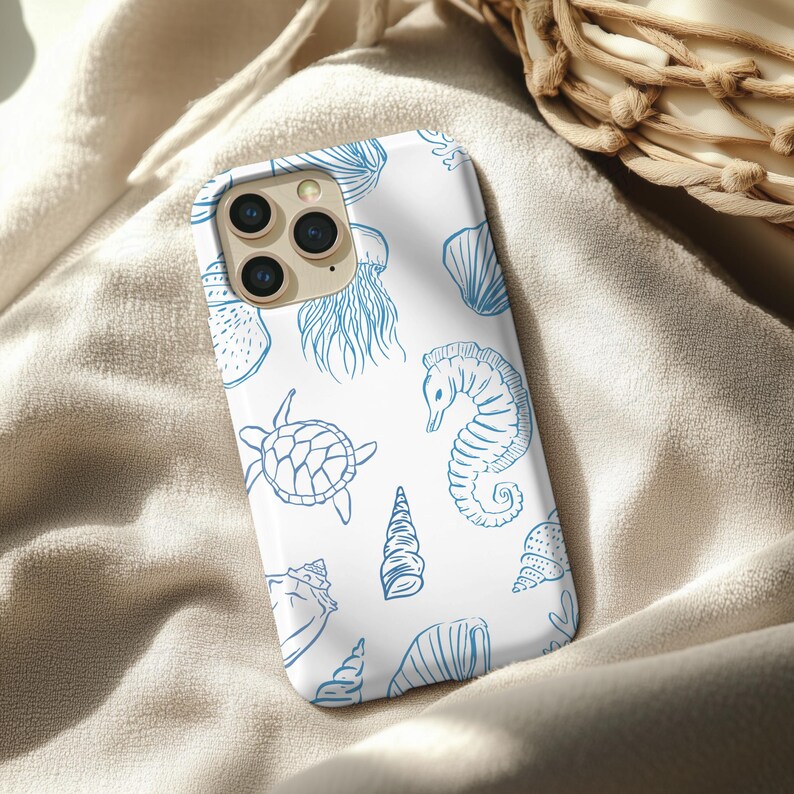 Seashell Line Art Seamless Pattern, Blue Coastal Nautical Digital Paper ...