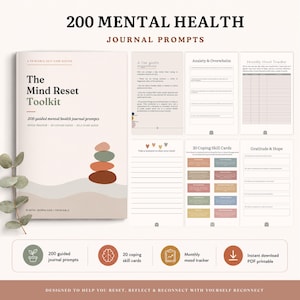 May include: A printable mental health journal toolkit featuring 200 guided prompts, a mood tracker, and 20 coping skill cards. The cover displays the title The Mind Reset Toolkit with a stack of four smooth, rounded stones in muted earth tones.