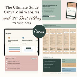 Op de afbeelding: Een digitale gids getiteld The Ultimate Guide Canva Mini Websites with 20 Best selling Website Ideas. Het document toont instructiestappen, een lijst met zakelijke productideeën, een Canva-logo en een checklist voor websites.