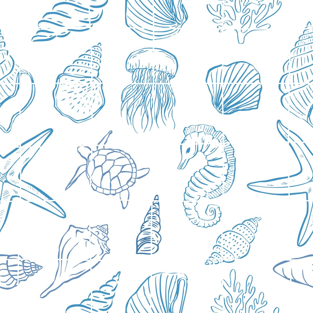Seashell Line Art Seamless Pattern, Blue Coastal Nautical Digital Paper ...