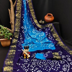 women's designer soft silk bandhani Saree  with traditonal handcrafted  Hand Bandhej kacchi silk  saree
