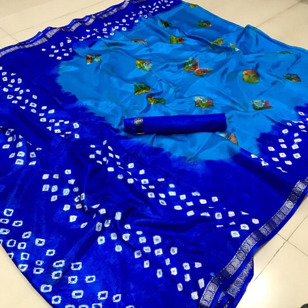 Saree bandhani pur design 2024/sari bandhani en pure soie avec grande bordure dorée sari/sari bandhani pour nouvel an