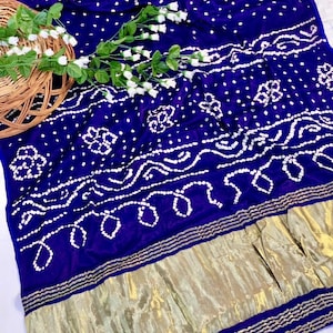 Czysta Lagdi Patta Gajji miękki jedwab ręcznie Bandhani Sari, projektant damski jedwabna Bandhani Saree Gajji ręcznie Bandhej sari, utalentowana sari