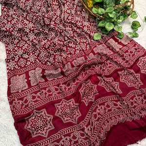 Ajrakh Gaji Silk Natural Dye Hand Block Print Saree,Ajrakh Saree Blouse,Sarees For Women,Beautiful Gajji Silk Ajrakh Saree