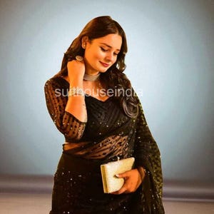 Black Net Saree: Embroidered Sequins, Party Wear, Jhalar Fringe