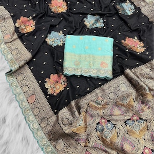 Embroidered Dola Silk Saree: Zari & Meenakari Weaving, Floral Design