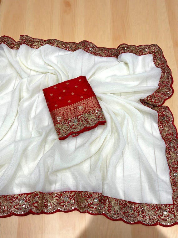 Durga Pooja Special White-Red Chiffon Saree,Plain Saree With Heavy Lace Border