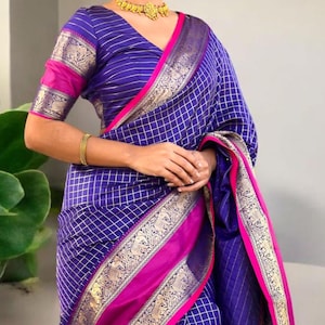 Sari de seda Kanjivaram: diseño Chex de tejido Zari, sari tradicional