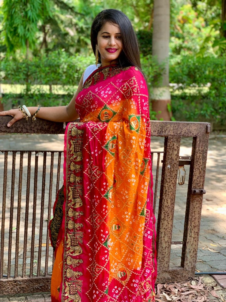 Women's Art Print Embroidery Work Bandhani Saree,buy Handcrafted ...