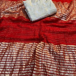 Viscose Georgette Saree: Banarasi Dola Silk Blouse, Zari Weaving