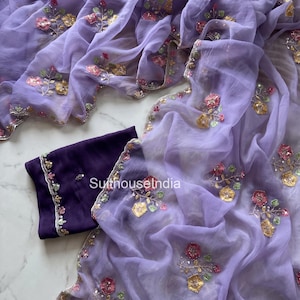 Sari de seda de gasa pura, sari con bordado de lentejuelas y trabajo de cutdana, sari para fiestas, sari para bodas.
