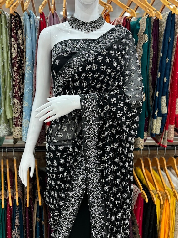 Buy Black Color Georgette Silver Stone Designer Swarovski Crystal Work Saree buy Designer White Saree Online Usa Uk Aus buy Black Saree Online Online in India Etsy