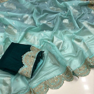 Sari de créateur en organza avec chemisier en soie Banglori, bordure brodée de sequins sari, sari de créateur, sari pour tenues de soirée