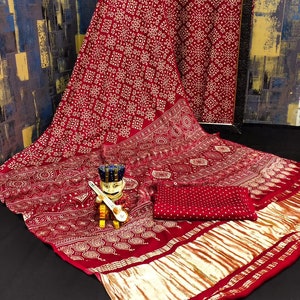 Red Jaipuri Handcrafted Modal Gajji Bandhani Saree with Lagdi Patta Authentic Bandhej BANL04