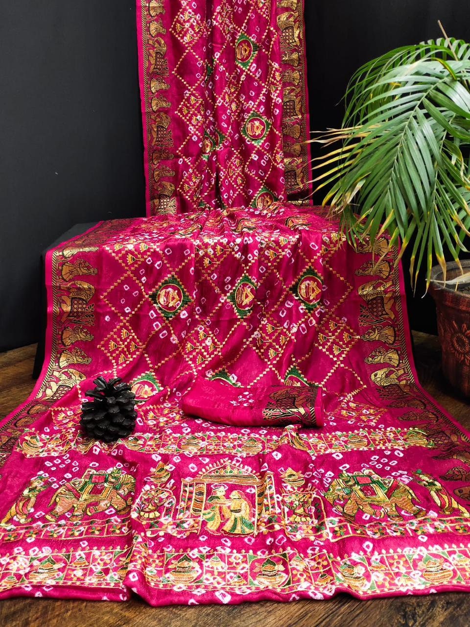Handcrafted Bandhani Saree: Gaji Silk Bandhej Sari with Blouse