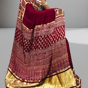 Handmade Ajrakh Gajji Silk Saree: Bandhani Lagdi Patta Design