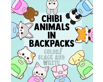 Chibi Animals in Backpacks Clipart, Back to School, Kawaii School Clip Art, Instant Download, Printable Images - PNG/SVG - 300 dpi