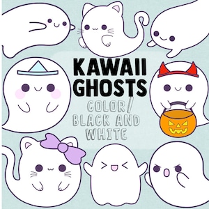 May include: A set of eight black and white kawaii ghost illustrations. The ghosts are in various poses and have different expressions. The text "Kawaii Ghosts" and "Color: Black and White" is included in the image.