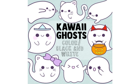 Kawaii Ghost Clipart, Happy Ghosts, Pastel Goth Clip Art, Cute Halloween SVG, Fun Halloween Party, Kawaii Goth - PNG/SVG - 300 dpi