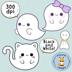 May include: A set of black and white digital clip art featuring a ghost, a cat, and a fox. The text "300 dpi" and "Black and White!" are included in the image.
