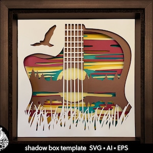 Guitar on lake sunset. 3D SVG layered paper cut for shadowbox. Nature scene. Template for cutting machines. Shadow box cardstock craft.