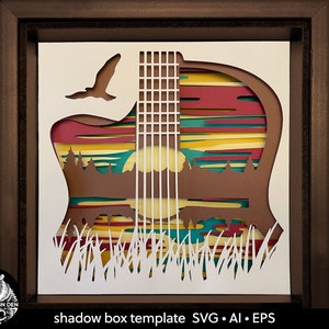 Gitaar op meerzonsondergang. 3D SVG-gelaagd papier gesneden voor shadowbox. Natuur scène. Sjabloon voor snijmachines. Schaduwdoos cardstock ambacht.
