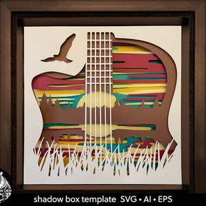 Guitar on lake sunset. 3D SVG layered paper cut for shadowbox. Nature scene. Template for cutting machines. Shadow box cardstock craft.