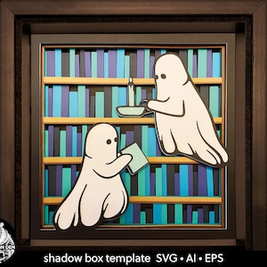 Ghosts reading books 3D SVG layered paper cut for shadowbox. Haunted library. Template for cutting machines. Shadow box cardstock craft.