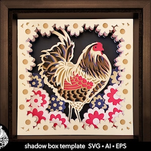 Galo com flores. Corte de papel em camadas SVG 3D para shadowbox. Cena de fazenda de arte popular. Modelo para máquinas de corte. Artesanato em cartolina com caixa de sombra