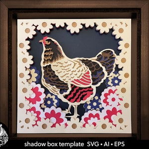 Galinha com flores. Corte de papel em camadas SVG 3D para shadowbox. Cena de fazenda de arte popular. Modelo para máquinas de corte. Artesanato em cartolina com caixa de sombra.