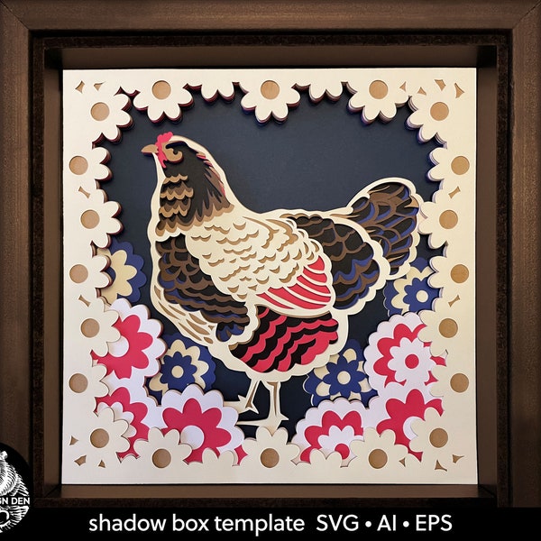 Hen with flowers. 3D SVG layered paper cut for shadowbox. Folk art farm scene. Template for cutting machines. Shadow box cardstock craft.