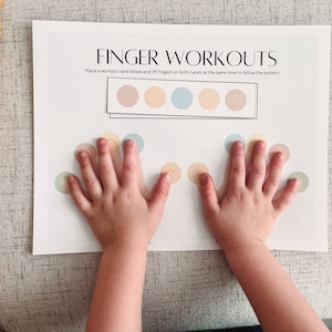 May include: A printable activity for children to practise fine motor skills. The worksheet features a set of coloured circles and the text "FINGER WORKOUTS" with instructions to place a workout card below and lift fingers on both hands at the same time to follow the pattern.