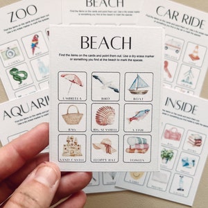 Cartes de jeu - Bingo, chasse au trésor, iSpy - Zoo, aquarium, intérieur, extérieur, plage et balade en voiture - Jeu de voyage à imprimer pour les enfants