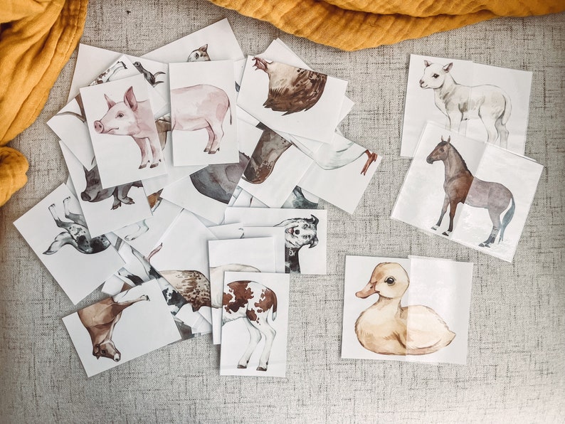 Farm animal matching flashcards. Set of 20 farm animal learning cards. Children farm matching game.