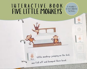 Puede incluir: Libro interactivo con fondo blanco e ilustraciones coloridas de monos saltando en una cama. El libro incluye una página con el texto "Five Little Monkeys" y una página con el texto "little monkeys jumping on the bed, one fell off and bumped their head."