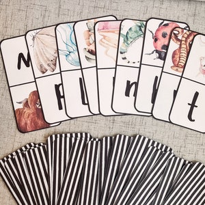 Pu&ograve; includere: Un set di carte bianche con lettere nere e illustrazioni colorate di animali. Le lettere sono M, P, L, N, W, T. Le illustrazioni includono una mucca, una farfalla, una medusa, un unicorno, una coccinella, un serpente e una lucertola.