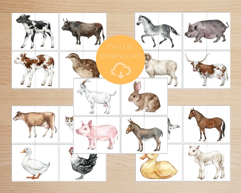 May include: A set of 16 watercolour illustrations of farm animals, including a cow, pig, goat, sheep, horse, duck, chicken, and rabbit. The illustrations are on a white background and are ideal for use in educational materials or crafts.
