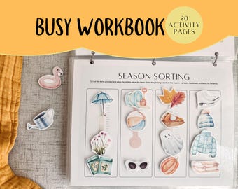 Puede incluir: Un libro de trabajo con 20 páginas de actividades para niños. La página que se muestra es una actividad de clasificación de estaciones con imágenes de un flamenco, una regadera, un paraguas, flores, gafas de sol, una pelota de playa, una calabaza, un fantasma, un pastel, hojas, patines, un sombrero y un suéter. El texto en la página dice "Clasificación de estaciones".